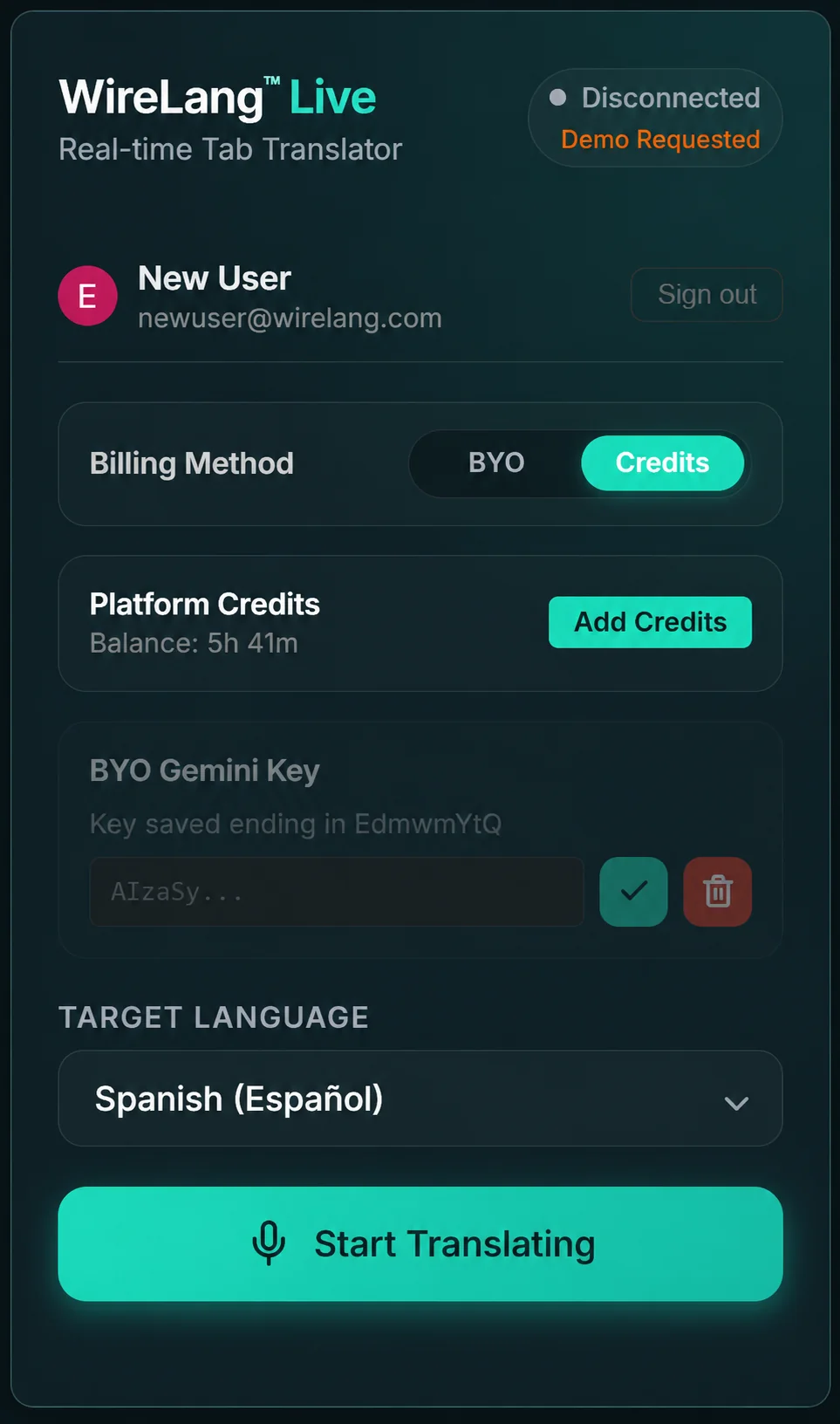 WireLang Live App Desktop interface screenshot