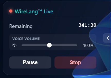 WireLang Live फ्लोटिंग कंट्रोल पैनल — लाइव संकेतक, शेष समय, आवाज़ का वॉल्यूम, रोकें और समाप्त करें