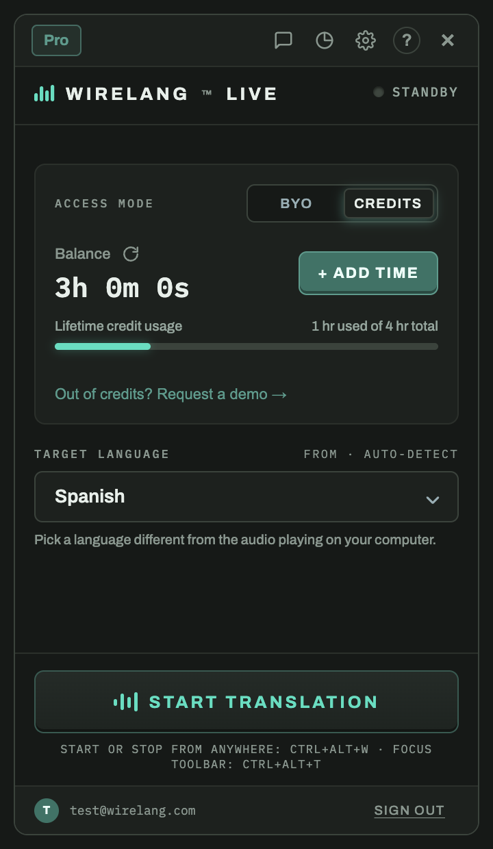 Janela do aplicativo WireLang Live — método de cobrança, idioma de destino e o botão Start Translating
